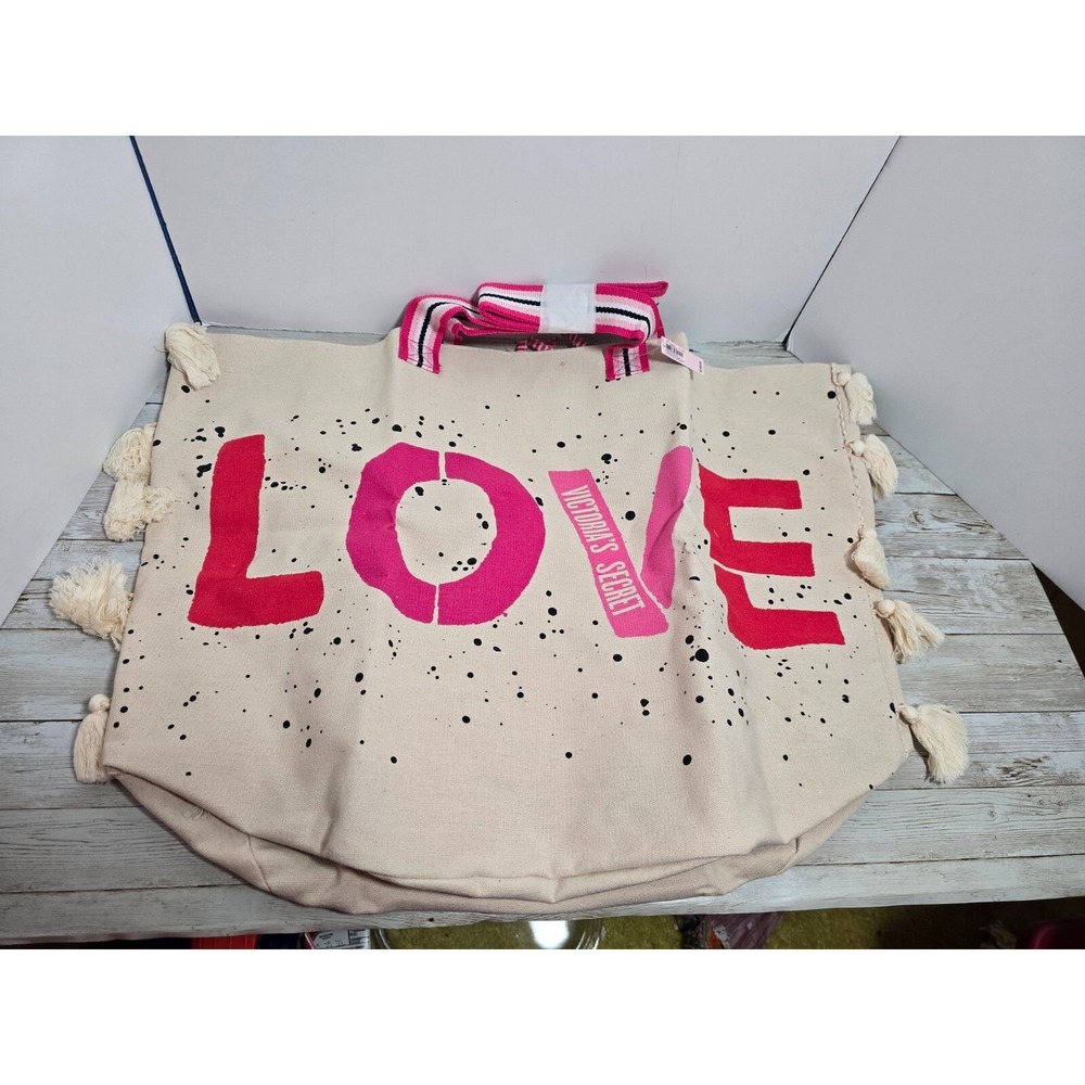 Victoria's Secret Tote Bag Large Canvas Weekender Love Beach Tassels NWT $59
